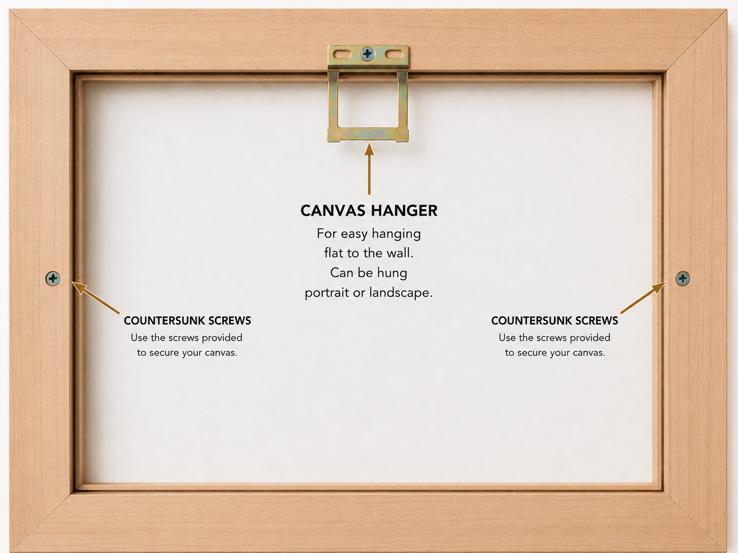 Canvas hanging plate and countersunk fixing holes on a floating frame
