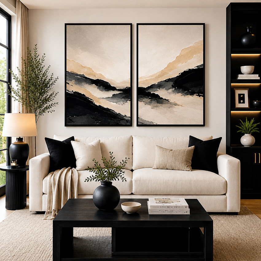 Black floating frame surrounding a stretched canvas with a gallery style shadow gap
