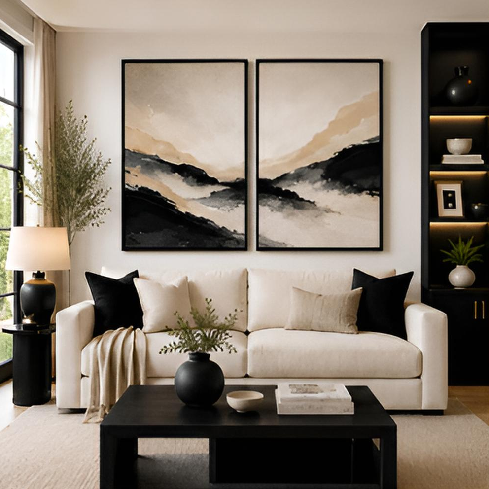 Matt black canvas floating frames displayed in a contemporary living room