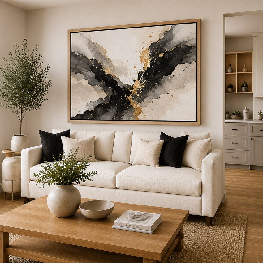 Champagne gold real wood canvas floating frame displayed in an elegant interior