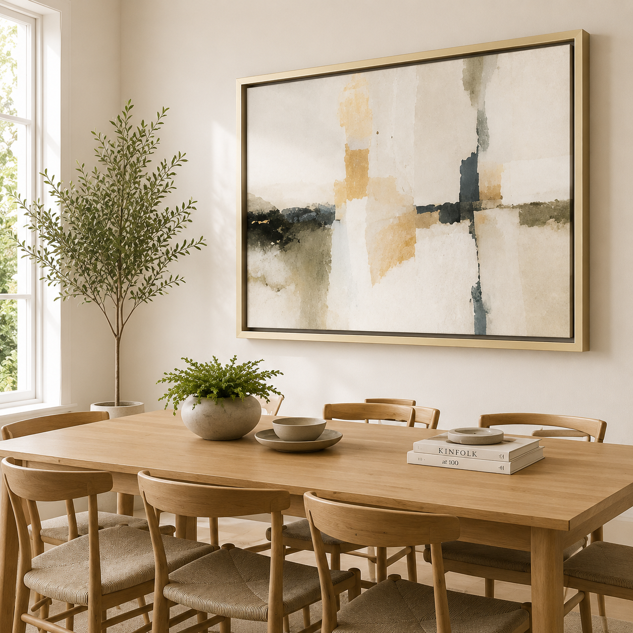 Champagne gold canvas floating frame displayed in a dining room