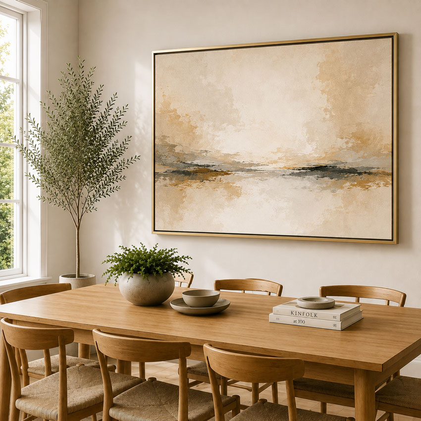 Gold made to measure canvas floating frame in a stylish contemporary room