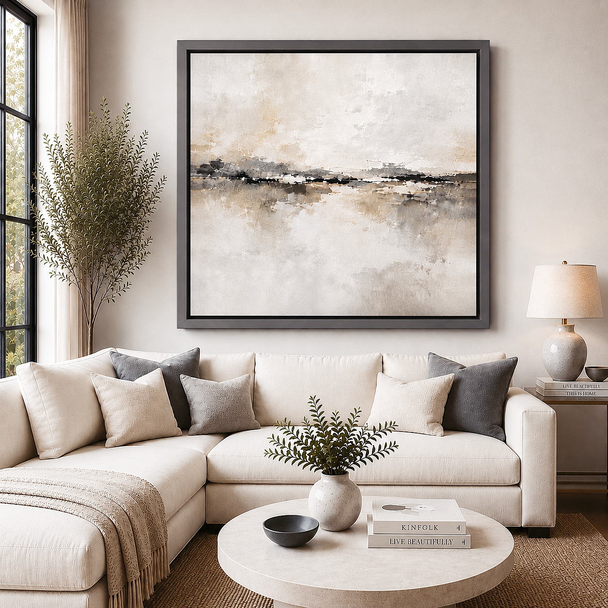 Graphite grey canvas floating frame displayed in a neutral lounge