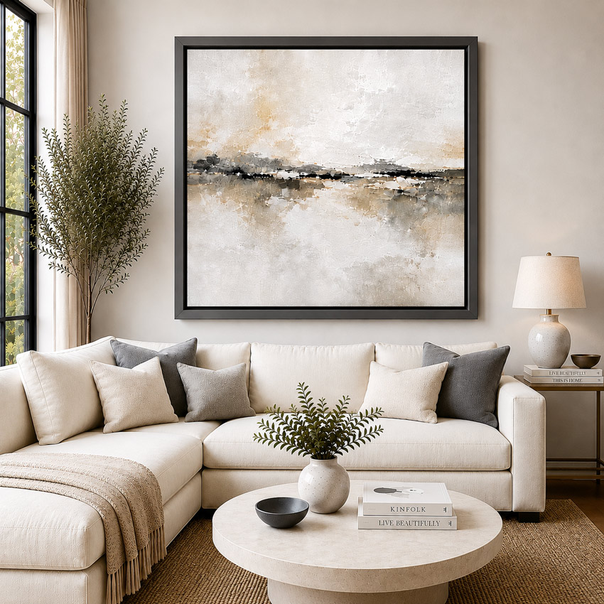 Grey made to measure canvas floating frame displayed in a modern room