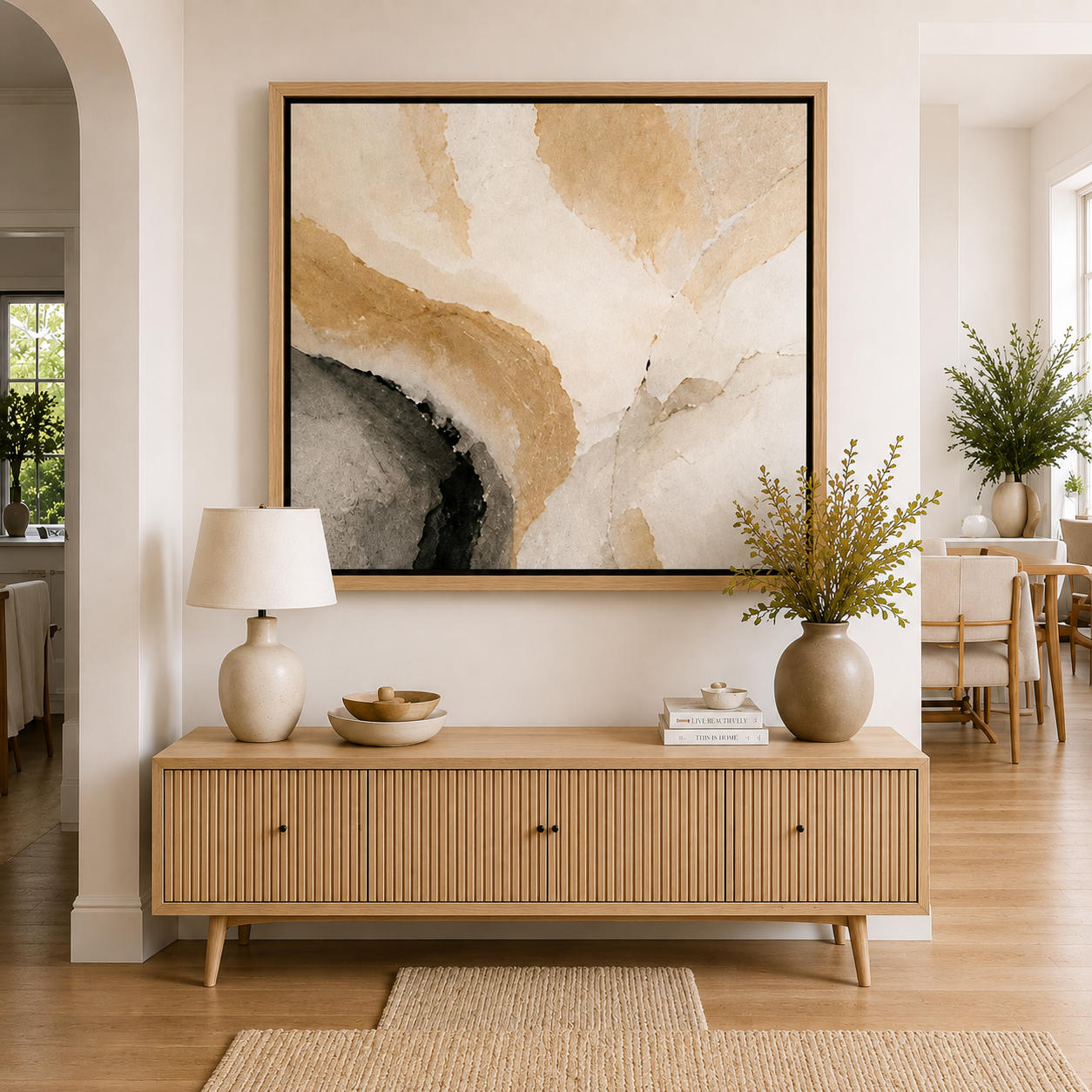 Natural oak canvas floating frame displayed above a hallway console table