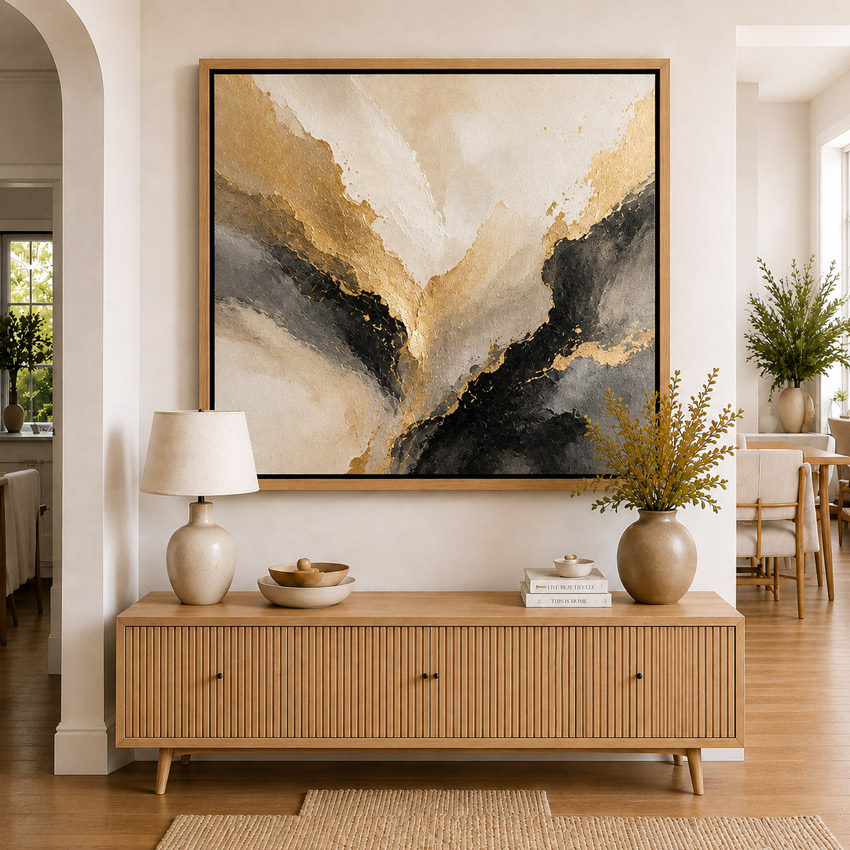 Natural oak canvas floating frame in a warm modern interior