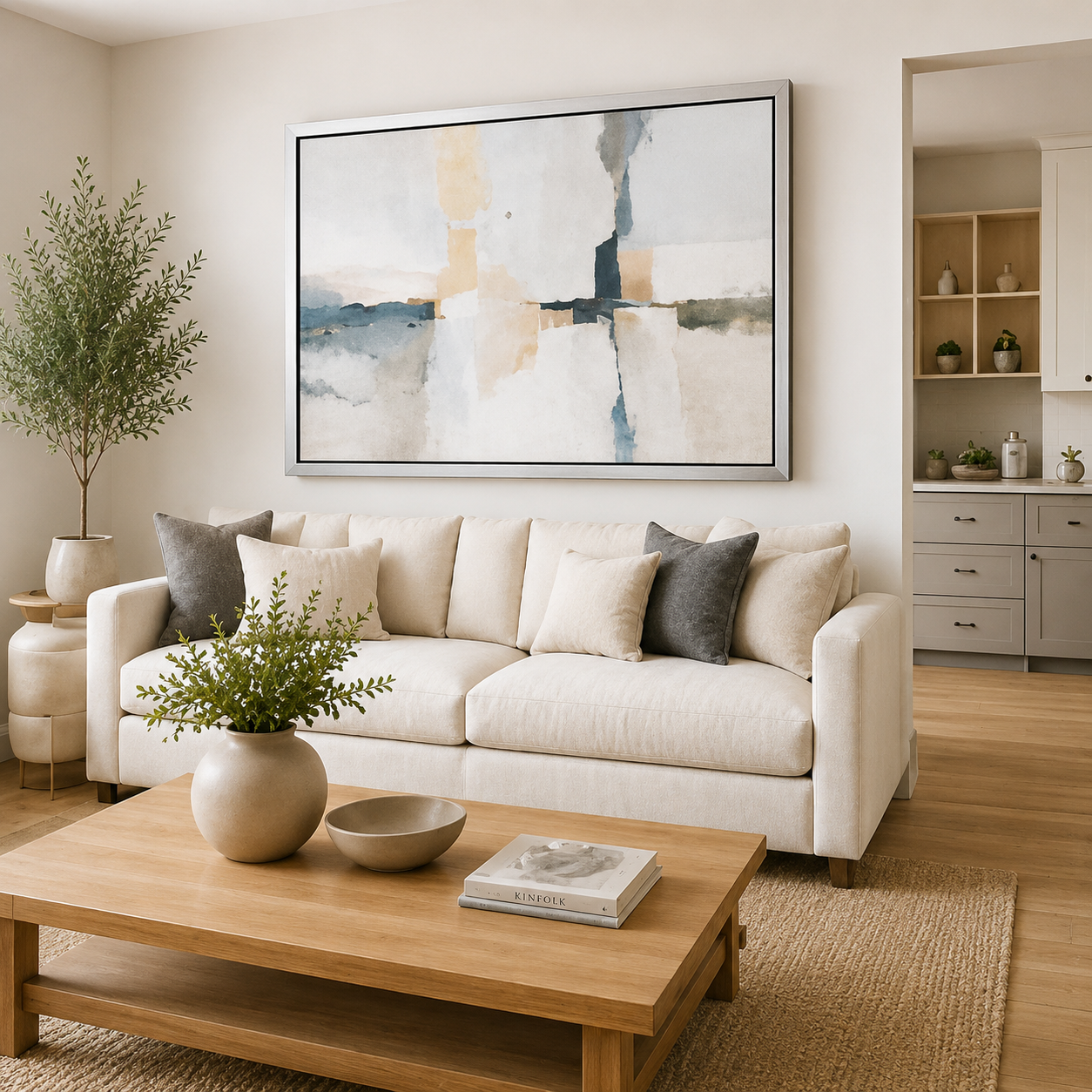 Silver canvas floating frame displayed in a modern open-plan living room
