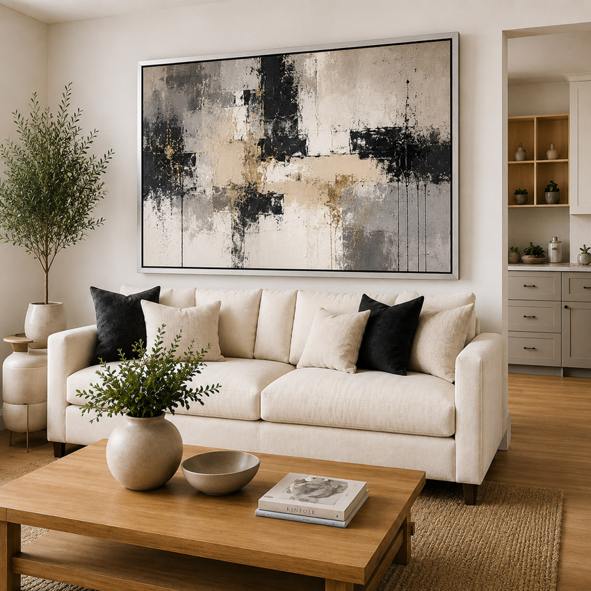 Silver made to measure canvas floating frame displayed in a contemporary interior