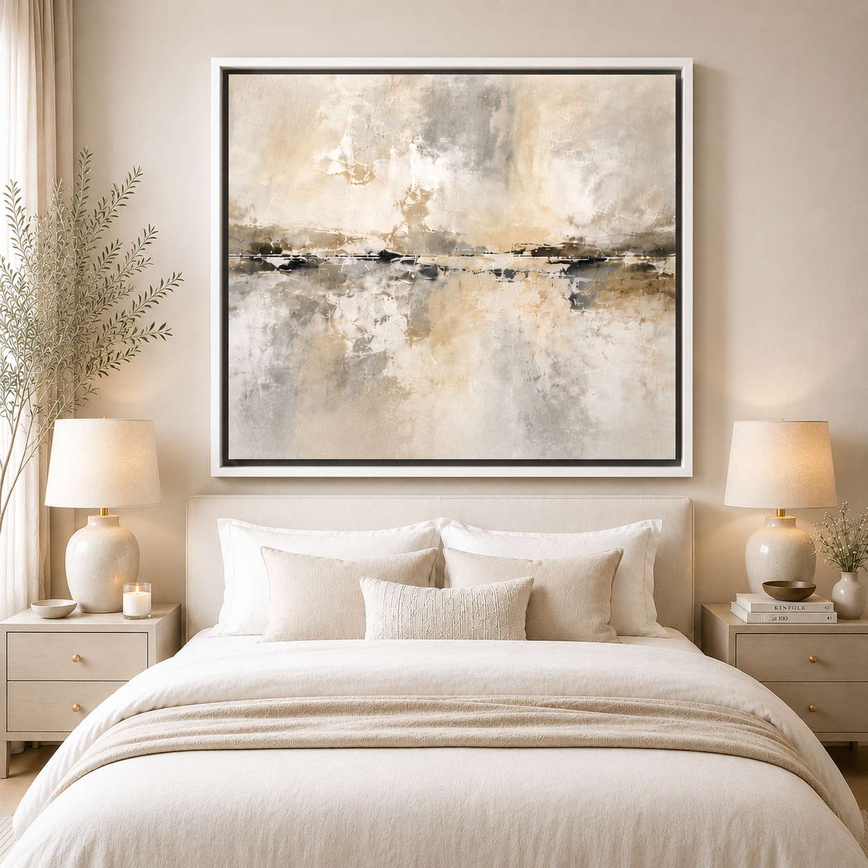Matt white canvas floating frame displayed in a neutral bedroom