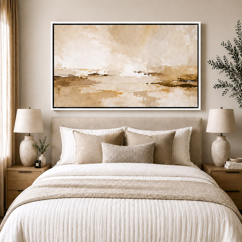 White made to measure canvas floating frame in a light neutral bedroom