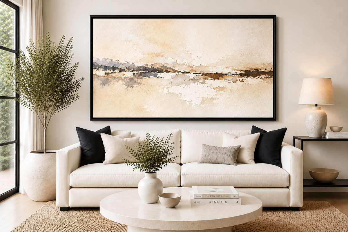 Canvas Floating Frame Inspiration – black floating frame displayed above a cream sofa in a contemporary living room