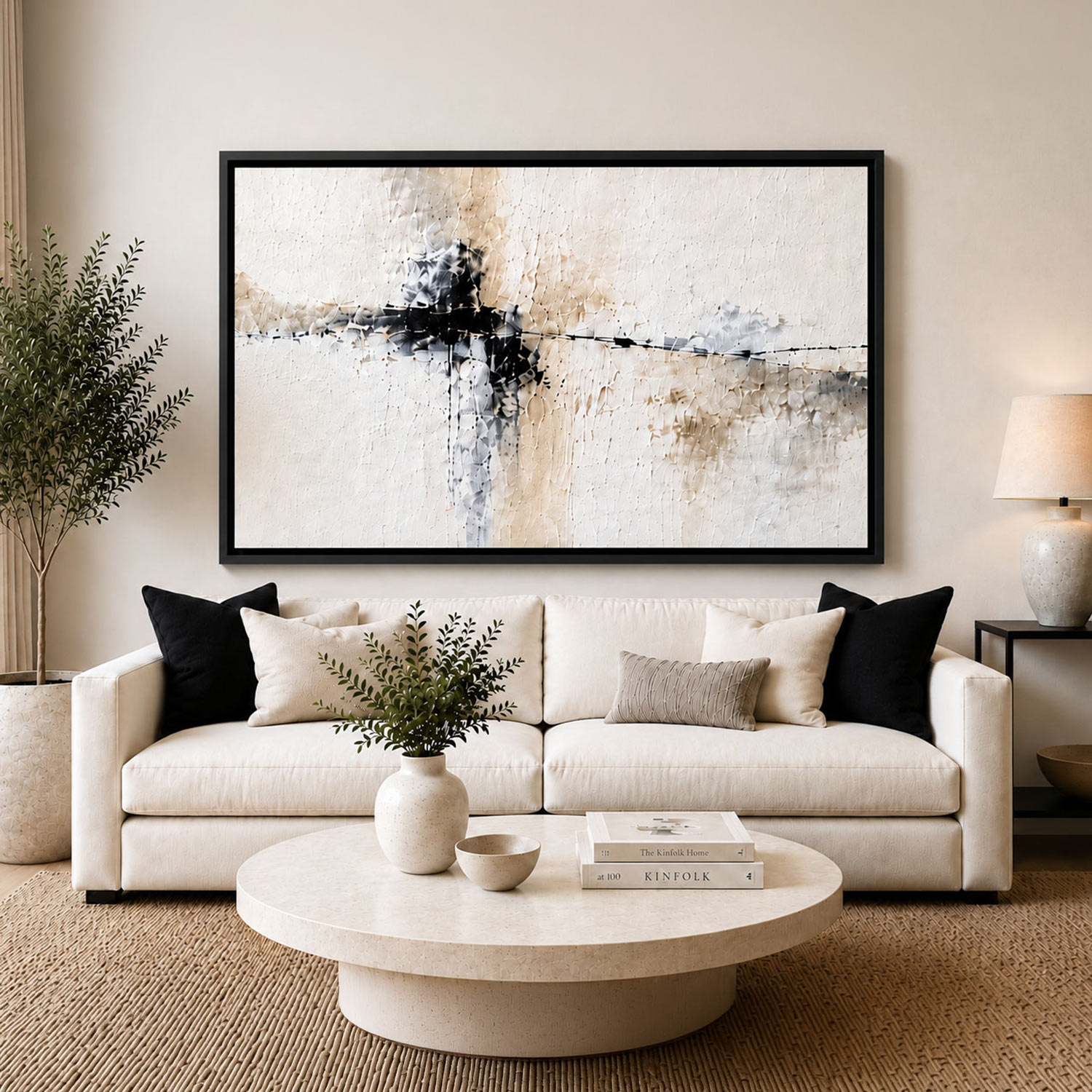 Canvas Floating Frame Colours – black floating frame displayed above a cream sofa in a contemporary living room